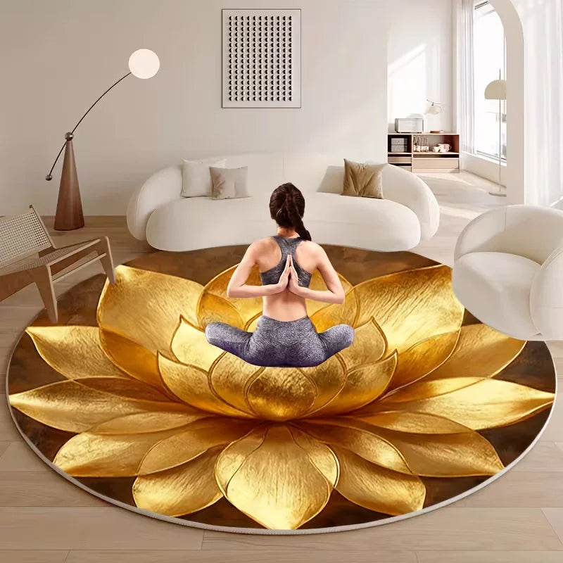 Round Floor Mat with Lotus-shaped Pattern in Golden and Other Tones Suitable As Meditation Cushion for Yoga Zazen,Indoor Read Ru