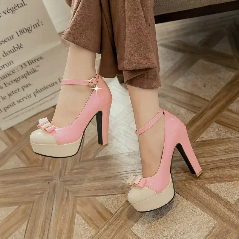 New Platform Square High Heel Women Pumps Sweet Butterfly Knot Women High Heel Shoes Mixed Color Party Women's Shoes
