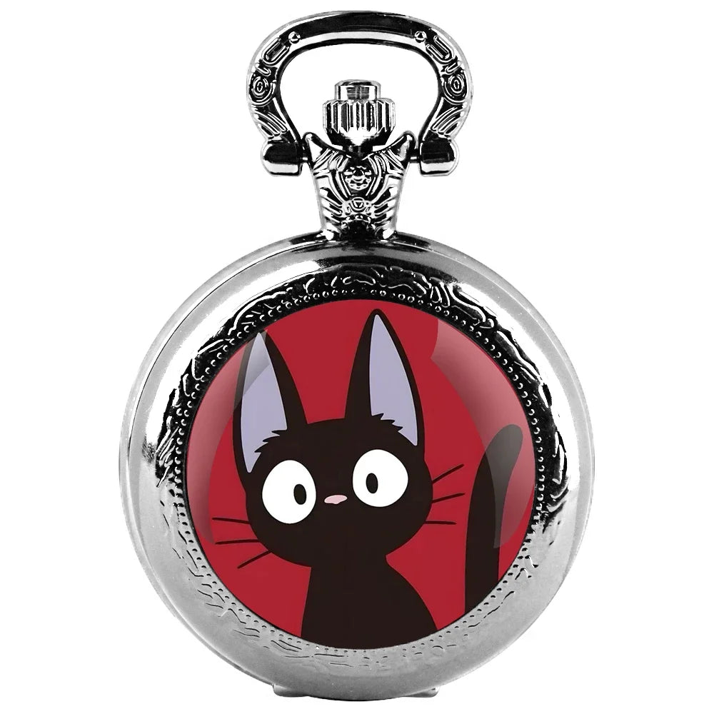 Anime Black Cat Glass Dome Quartz Pocket Watch Arabic Dial Vintage Men Women Necklace Pendant Creative Clock Children Gift