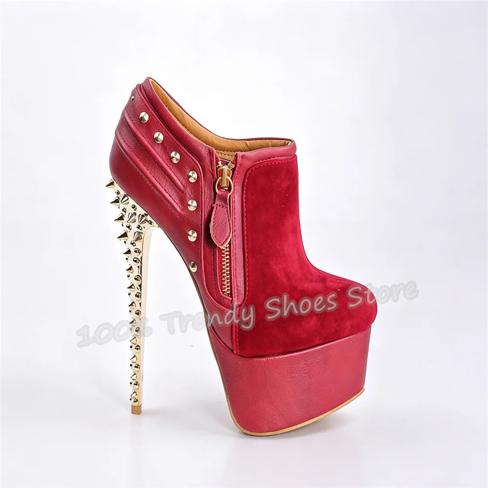 Gold Spikes Rivet Stiletto High Heel Ankle Boots Women Platform Faux Suede Patchwork Side Zipper Short Boots Plus Size 34-46