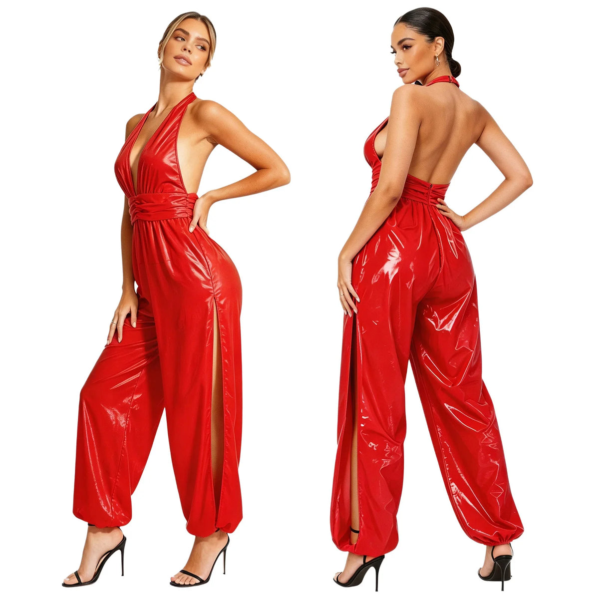 Womens Glossy Water Resistant Rompers Jumpsuit Halter Backless Ruched Waist Back Invisible Zipper Side Split Bodysuit Clubwear