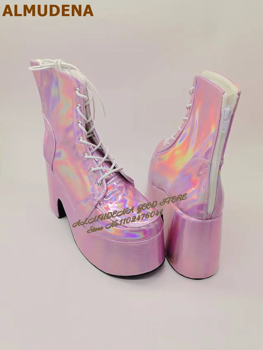 Hologram Purple Shiny Platform Ankle Boots Gothic Punk Lace Up Super Chunky Heel Short Booties Nightclub Dancing Shoes