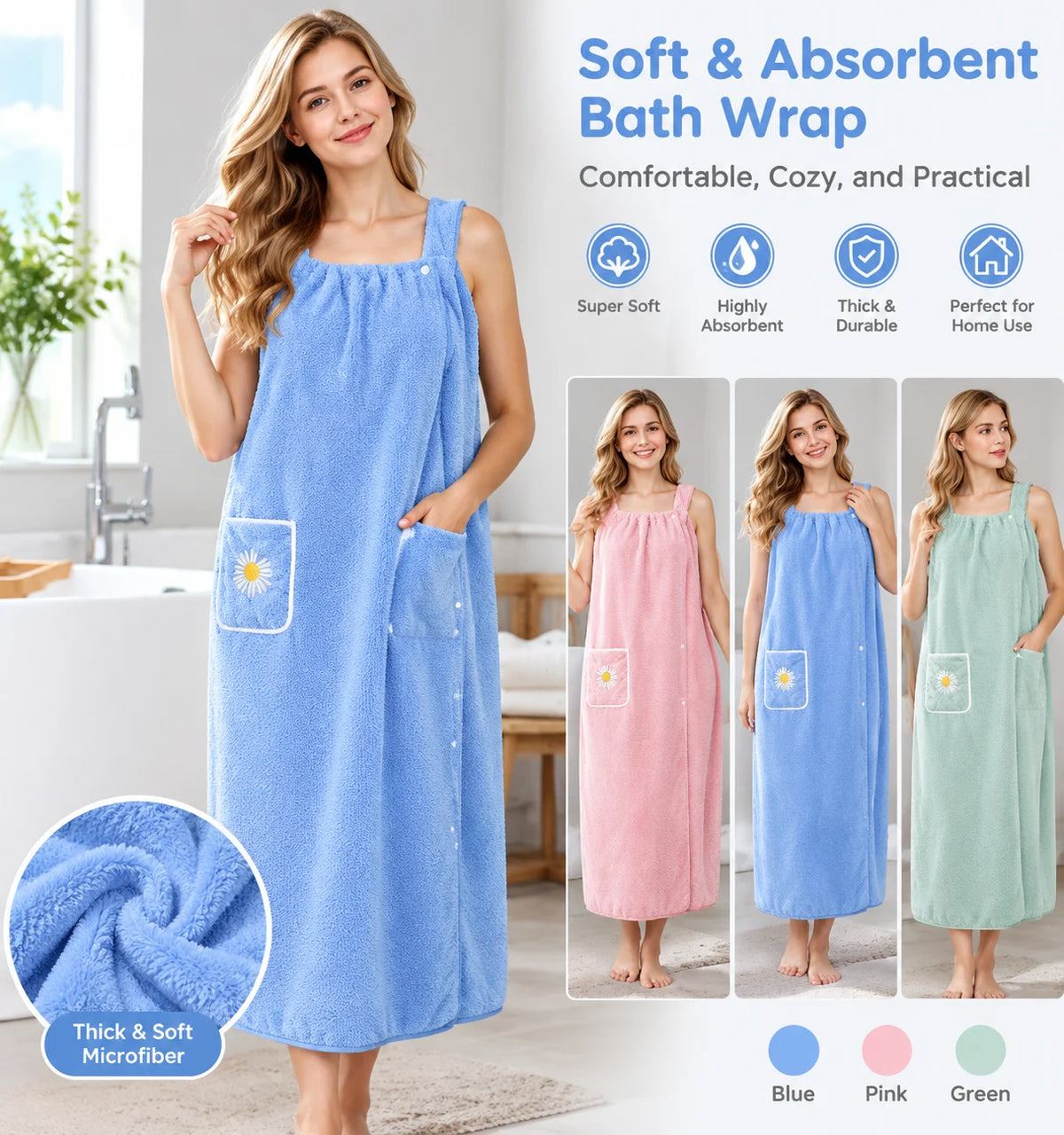 Women Wearable Bath Wrap Towel Absorbent Polyester Long Washable Bathroom Bathrobe