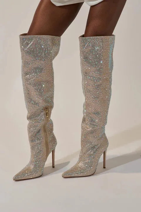 2026 New Glitter Heels Crystal Knee High Woman Long Boots Bling Rhinestone Knight Boots Sexy Pointed Toe Shinning Lady Boots