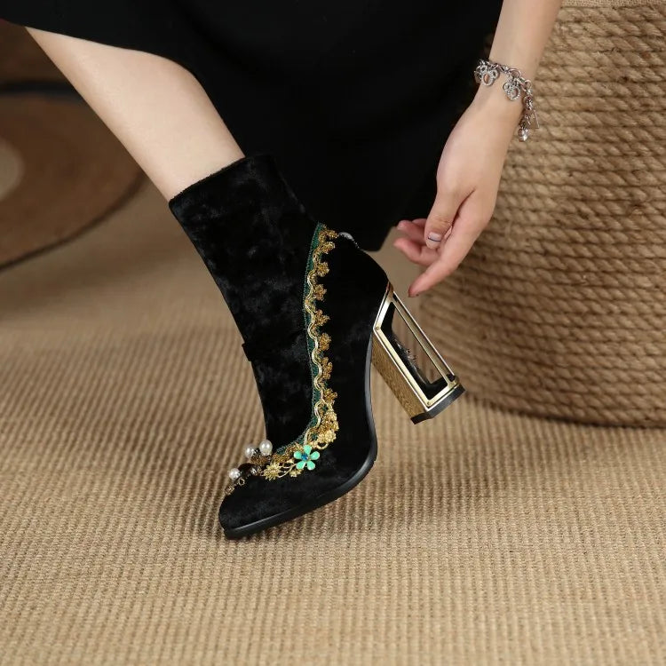 Royal Gemstone Jeweled Flower Velvet Ankle Boots Floral Crystal Cage Fretwork High Heels Blue Red Black Woman Bridal Booties