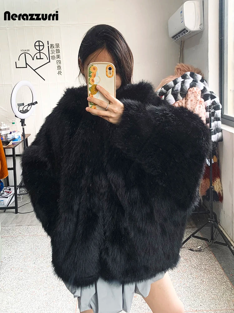 Nerazzurri Autumn Winter Oversized White Black Warm Shaggy Hairy Faux Fur Coat Women with Hood Loose Casual Fluffy Jacket 2023