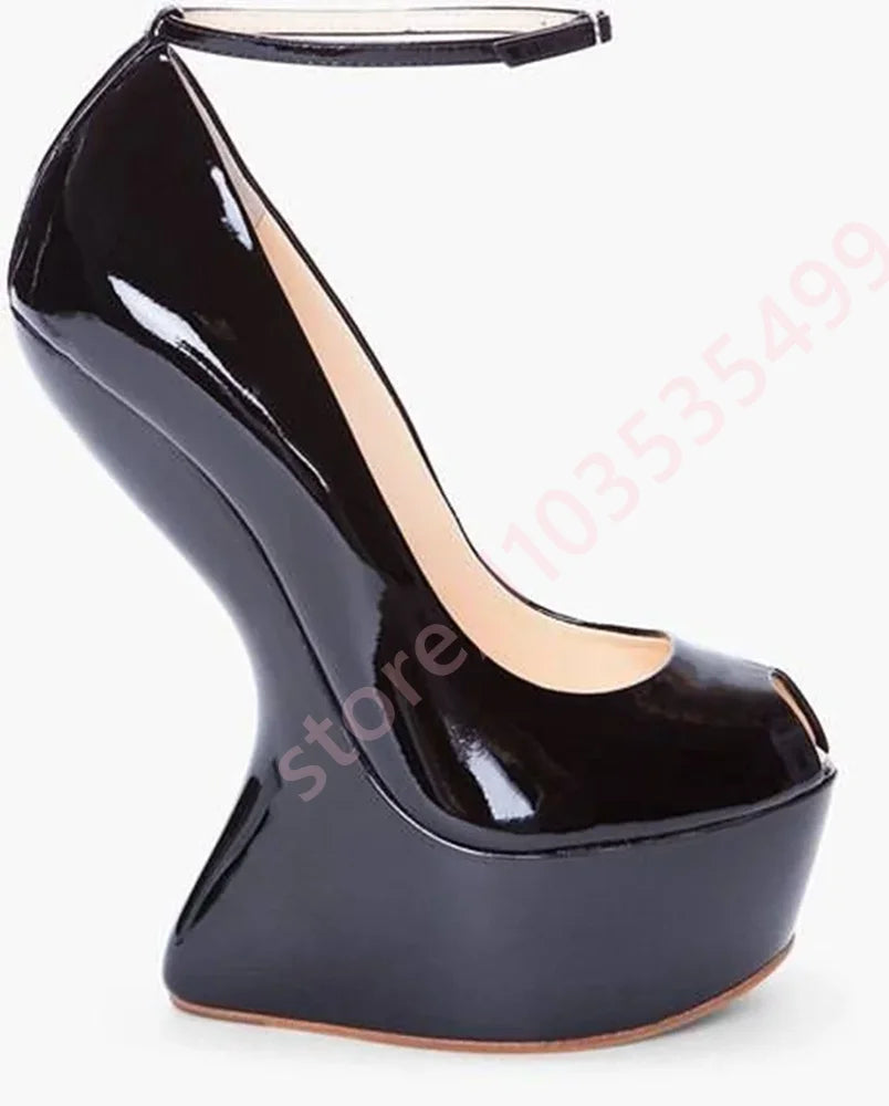 2026 Summer New Patent Leather Peep-Toe Platform Wedge Heels for Women Unique Curved Heel Ankle Strap Sexy Runway Party Sandals