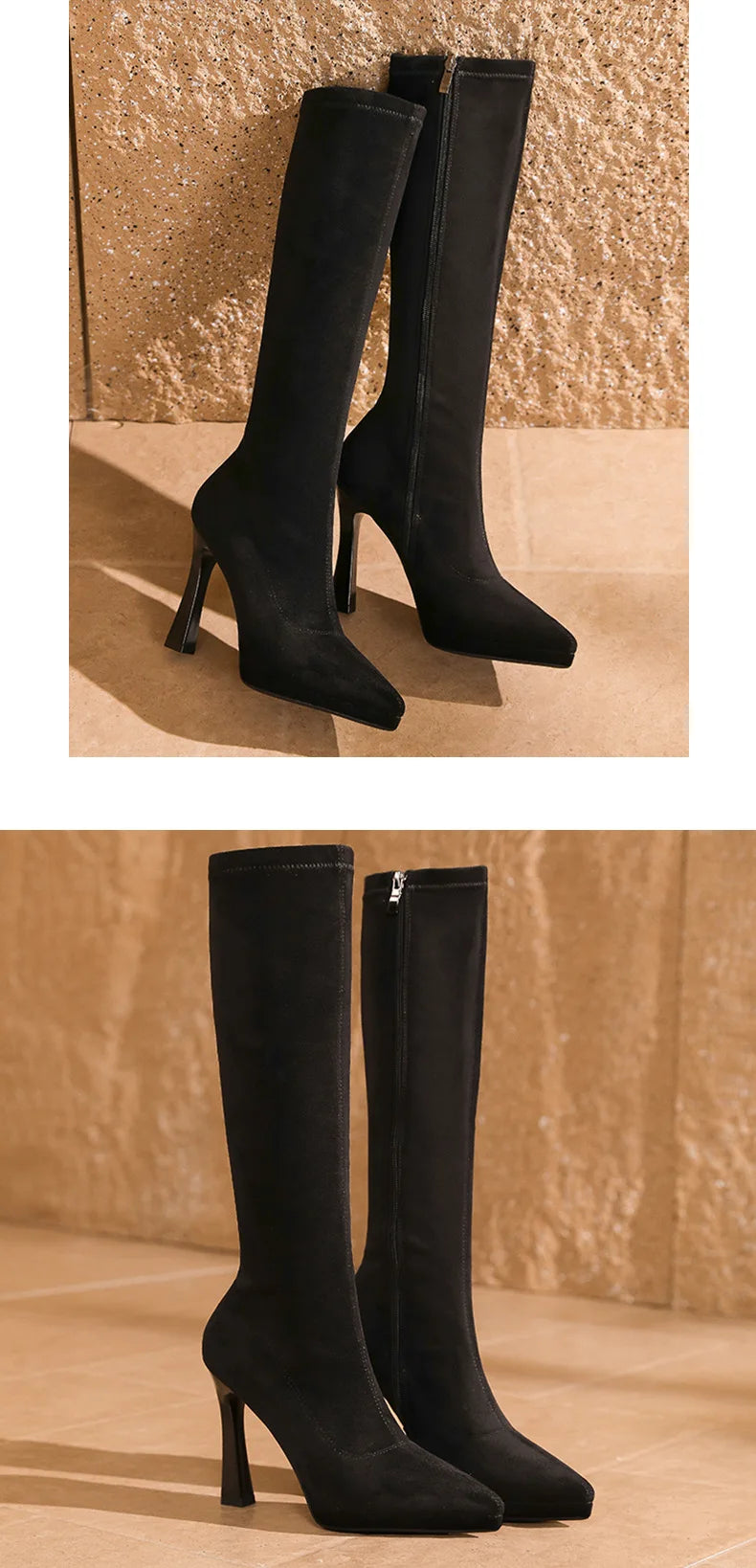 Black Knee High Boots For Women Pointed Toe 10cm High Heel Platform Side Zipper Slim Party Tall Boots Autumn Winter Lady Shoes