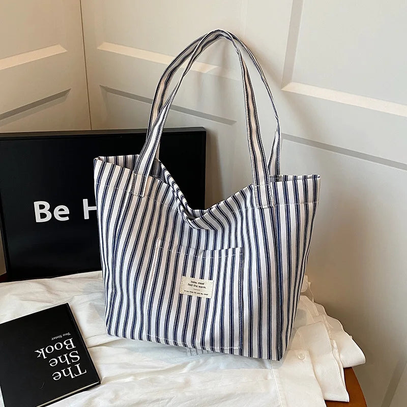 Contrast Color Stripes Women Shoulder Bags Versatile Ladies Large Capacity Tote Bag Lightweight Portable Female Shopping Handbag