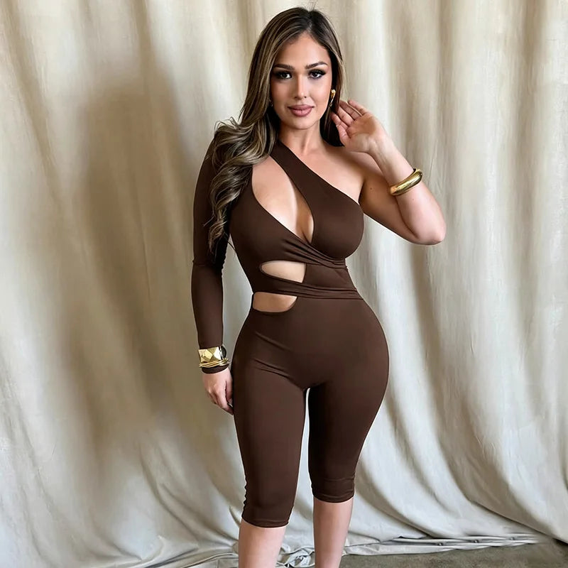 JENYAGE Women One Shoulder Cutout Jumpsuit Soft Stretchy Solid Color Sexy Long Sleeve Asymmetrical Bodycon Knee Length Romper