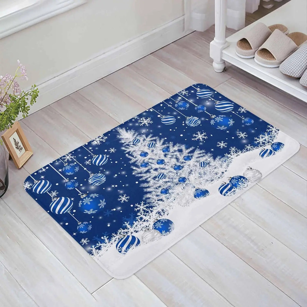 Merry Christmas Tree Snowflake Ball Navy Blue Non-slip Door Mat Entrance Welcome Mat Balcony Hallway Rugs Christmas Decorations