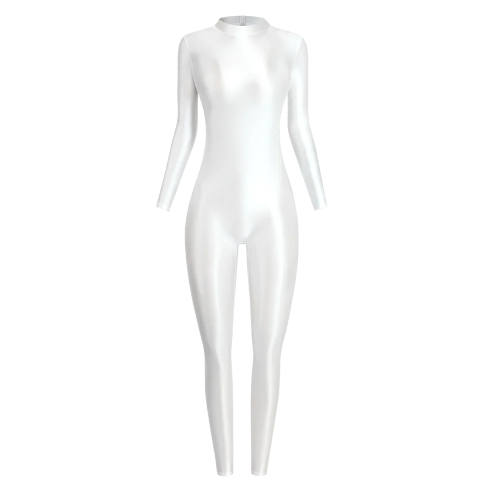 MJINM Sexy Shiny Bodysuit Tight-fitting Oil Smooth Back Zipper Overalls Yoga Zentai Suits Casual Sport Tights Catsuit Jumpsuits