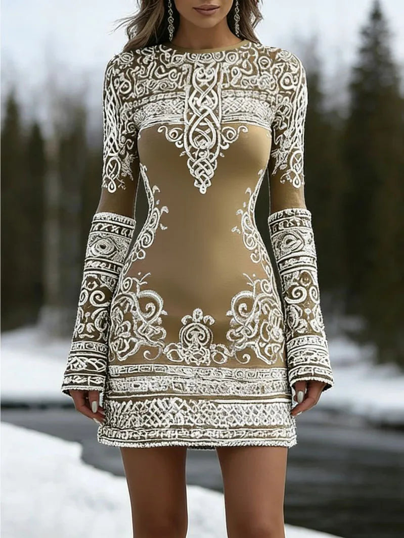 Slim Fit Round Neck Long Sleeved Hip Hugging Short Skirt Dress for Women Elegant Slimming Atmosphere Dress