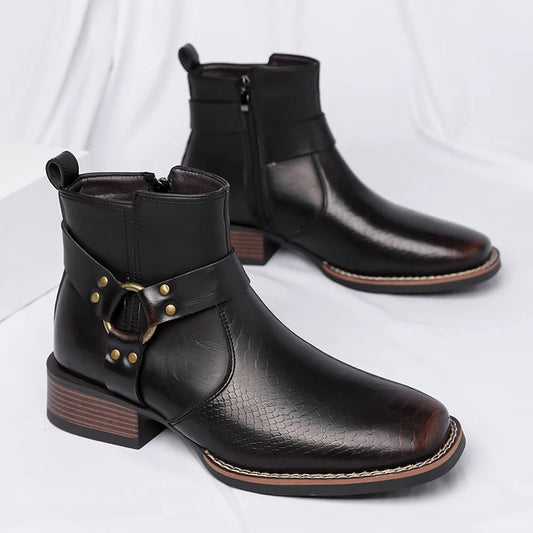 Leisure Walk Men Ankle Boots Formal Dress Leather Boots Metal Strap Chunky Stacked Heel Western Biker Boots for Men Comfy Botas