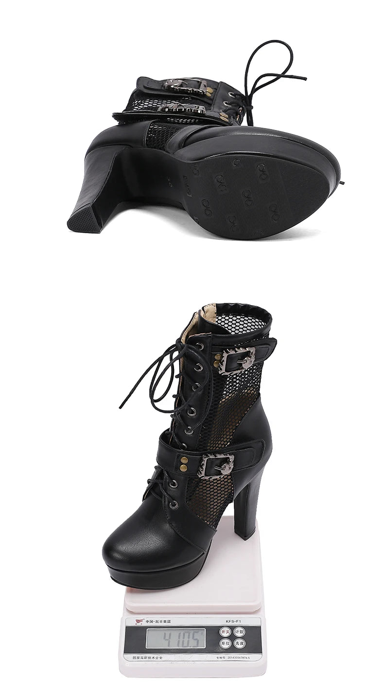 Plus Size Hollowed Out Mesh Patchwork PU Cross Tie Side Zipper Summer Cool Mid-Calf Boots Platform Ultra-High Thick Heel Boots