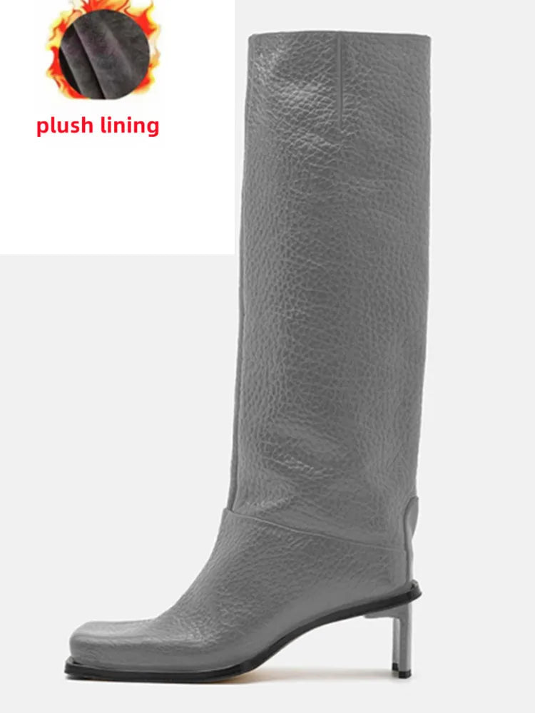 2026New Fashionable Square Head High Heels Women's Knee Length Boots with Side Zipper Stone Pattern Women's Mid Length Boots
