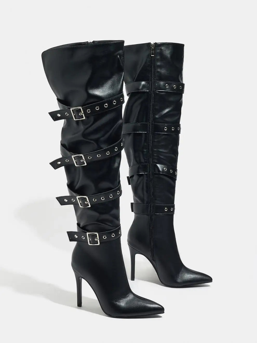 Fashion Belt Buckle Sexy Pointy Toe Over-the-knee Boots Women 10.5CM Stiletto Heels Black Thigh-high Nightclub Club knight Shoes