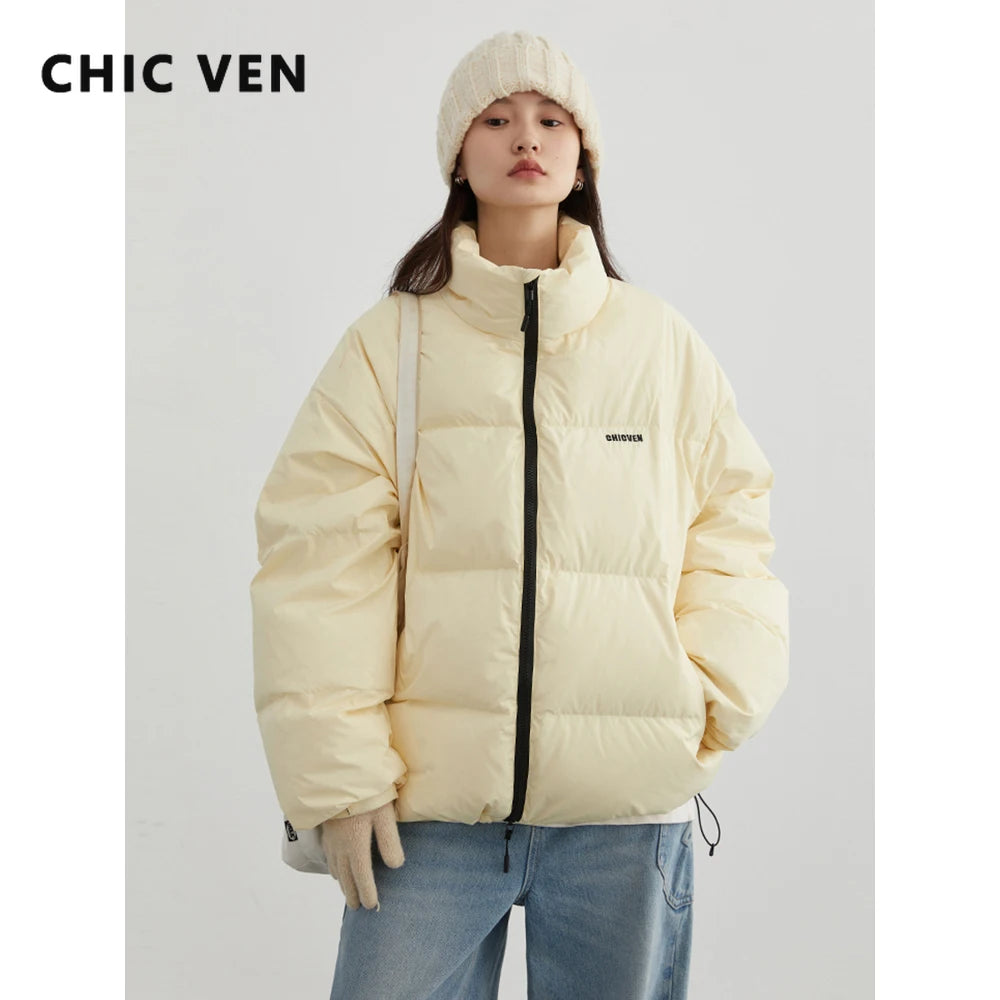 CHIC VEN Women Down Coats Streetwear Solid 90 White Duck Down Stand Collar Female Down Jacket Warm Ladies Overcoat Winter 2024