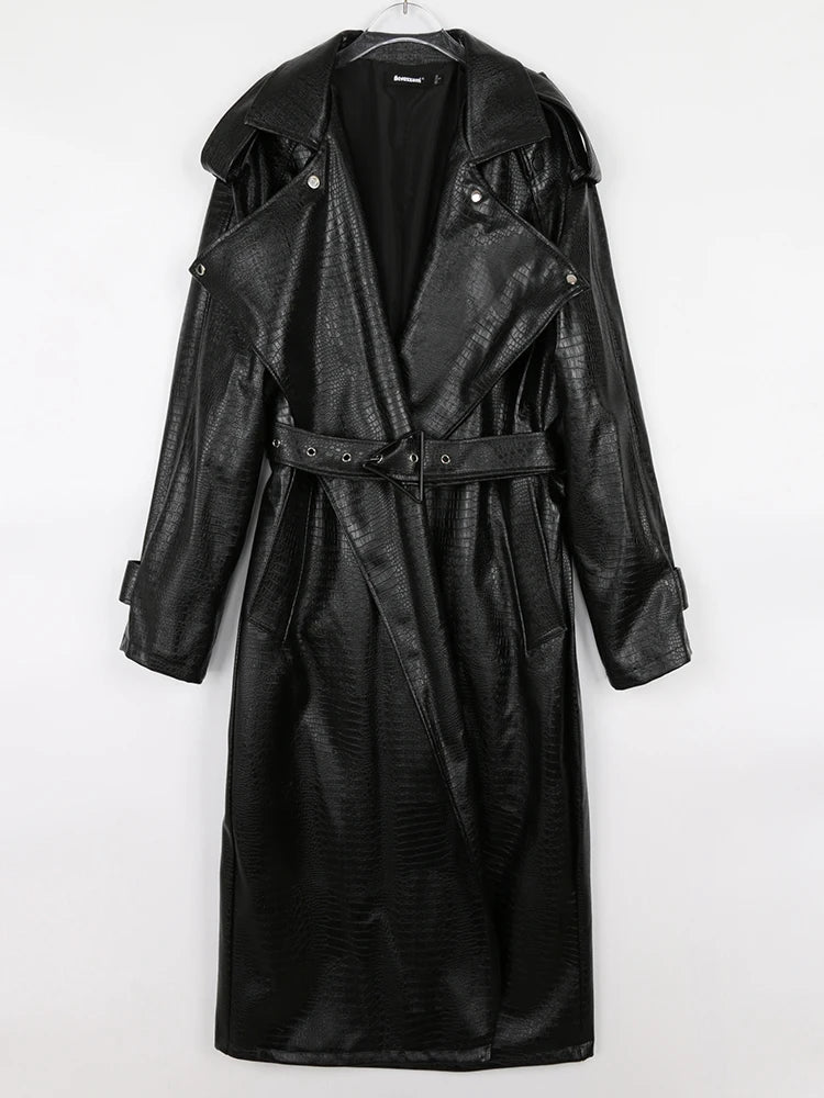 Nerazzurri Spring Autumn Long Oversized Colorful Snakeskin Print Patent Leather Trench Coat for Women Belt Runway Fashion 2022