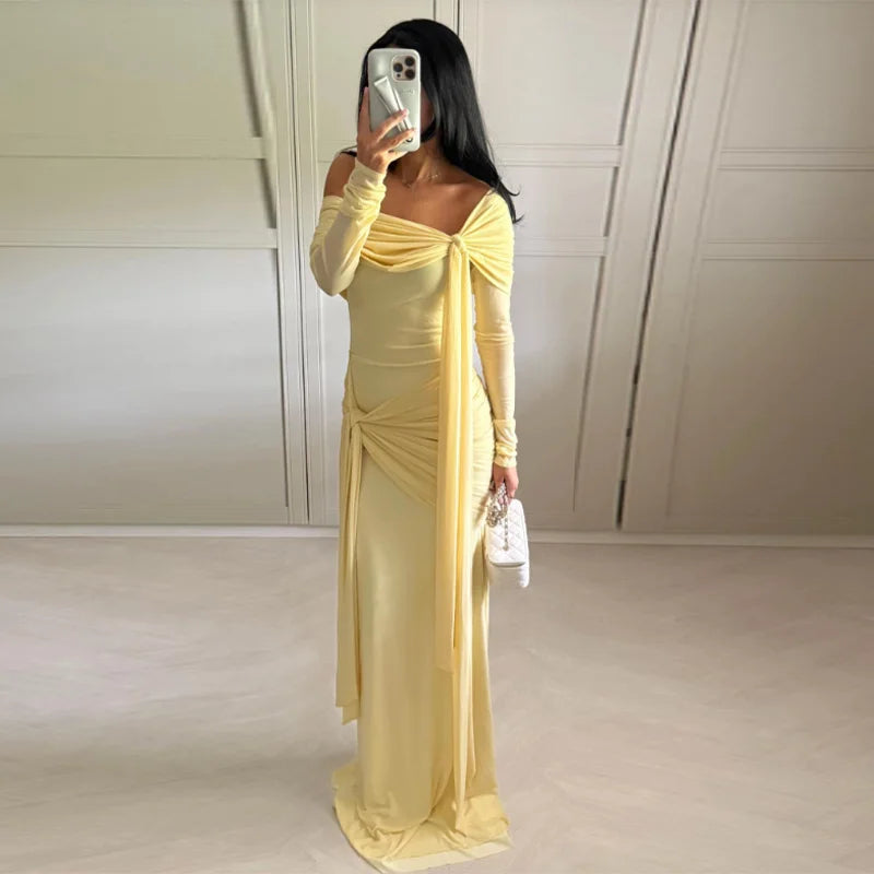Summer New Lady Solid Off Shoulder Pleated Maxi Dress Elegant Women Long Sleeve Hip Package Long Dress Chic Party Slim Vestidos