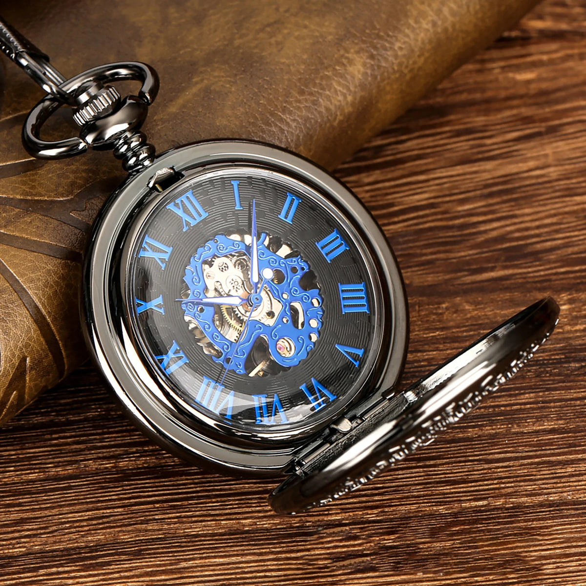 Manual Men's Mechanical Pocket Watch Hollow Design Roman Numerals Vintage Metal Pocket Watch Clock Chain Pendant Blue