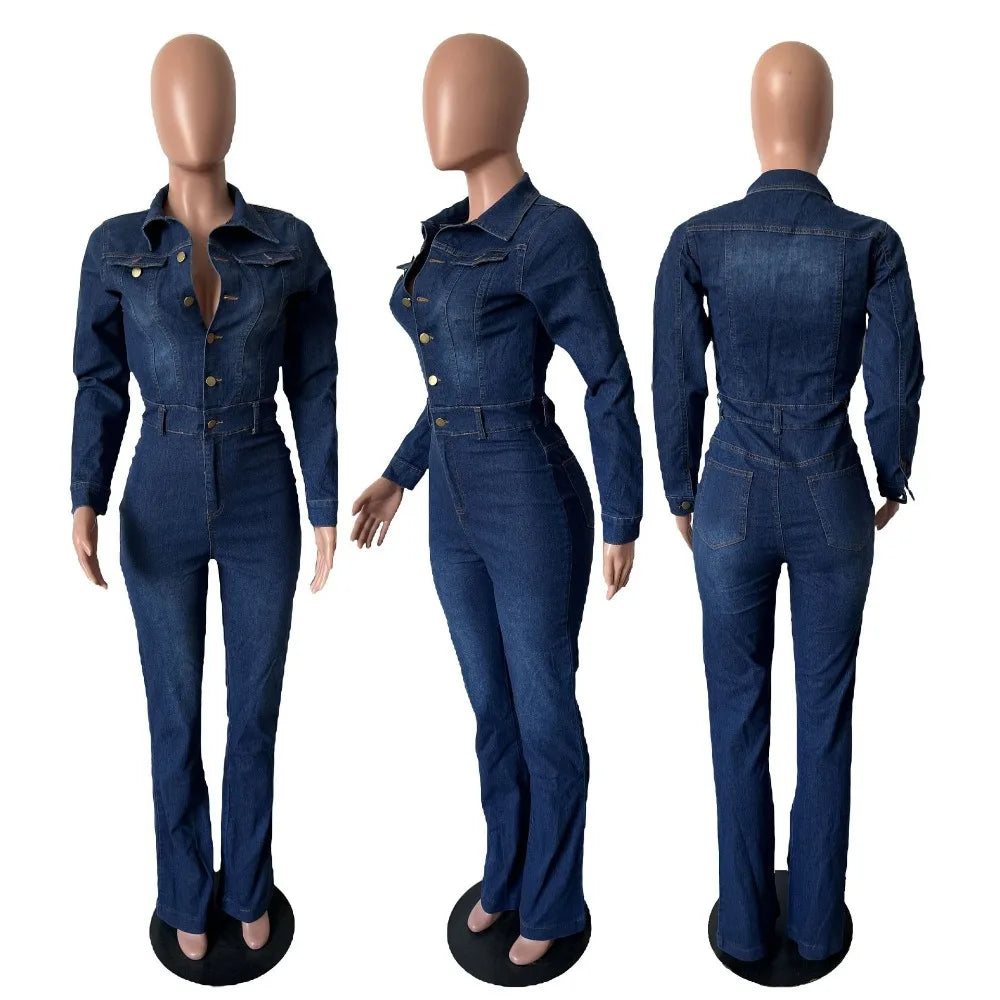 FAGADOER Fashion Denim Elastic Flared Pants Jumpsuits Women Turndown Collar Button Long Sleeve Playsuits Female Cowboy Overalls