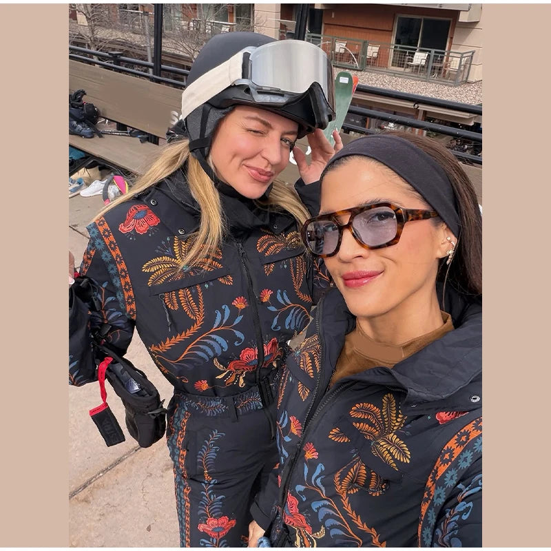 Floral Print One Piece Ski Suit Fashion Hooded Waterproof Thermal Snowboard Jumpsuit 2026 Winter Outdoor Windproof Snow Outfit