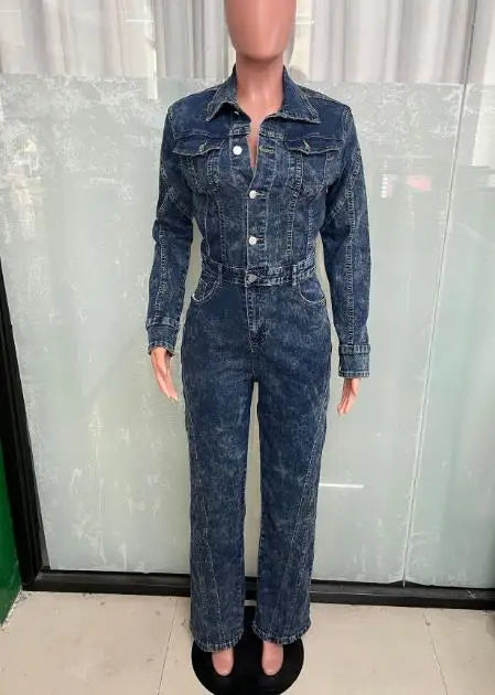 Jumpsuit Women 2026 New Spring Autumn Turn-Down Collar Long Sleeved Pocket Design High Waist Streetwear Casual Denim Jumpsuit