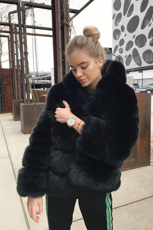 Fashion Winter Women Imitation Fox Fur Jacket Hooded Loose Long Sleeves Female Eco Fur Coat Patchwork Plush Thick Lady Fur Coat