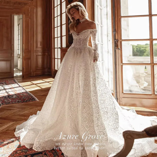 Azure Grove Customized Sweetheart Long Sleeve Pearls A Line Wedding Dresses Illusion Pearls Court Train Vintage Bridal Gown