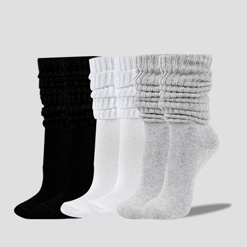 3 Pairs Women Pile Up Socks Fashionable Trendy Versatile White Solid Color Basic Socks Comfortable Breathable Mid Length Socks