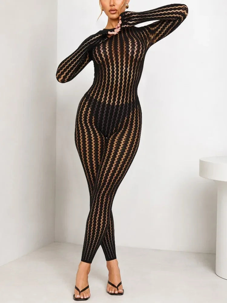 Women's Burgundy Sheer Lace Jumpsuit Long Sleeve Bodycon One Piece Romper Openwork Pattern for Party Club Evening Wear
