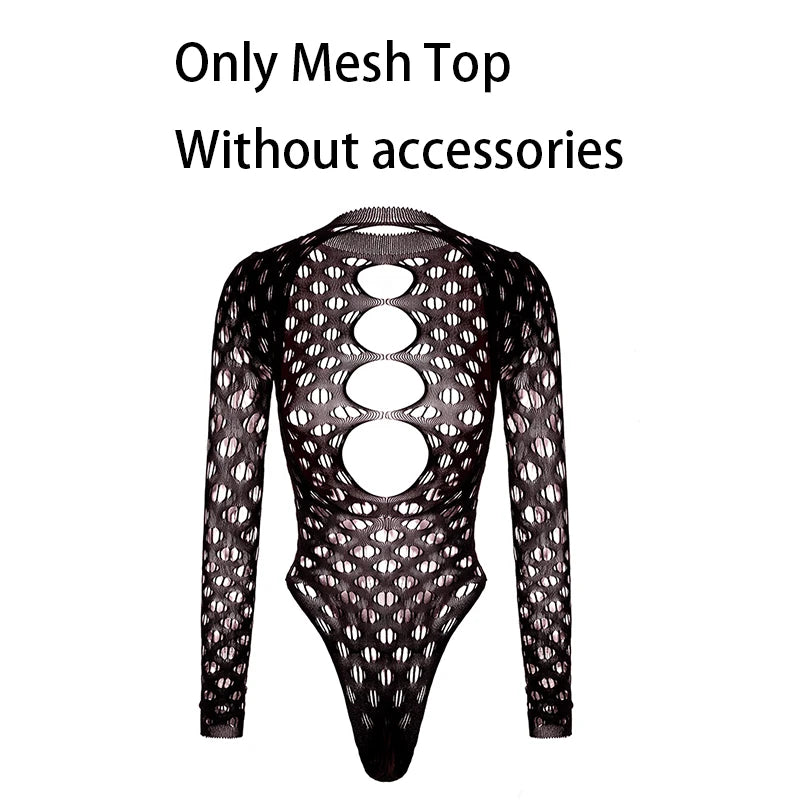 Women Bodysuit Hollow Out Fishnet Beach Cover Up, Sheer Festival Swimwear for Summer Backless Long Sleeves See-through Bodysuit