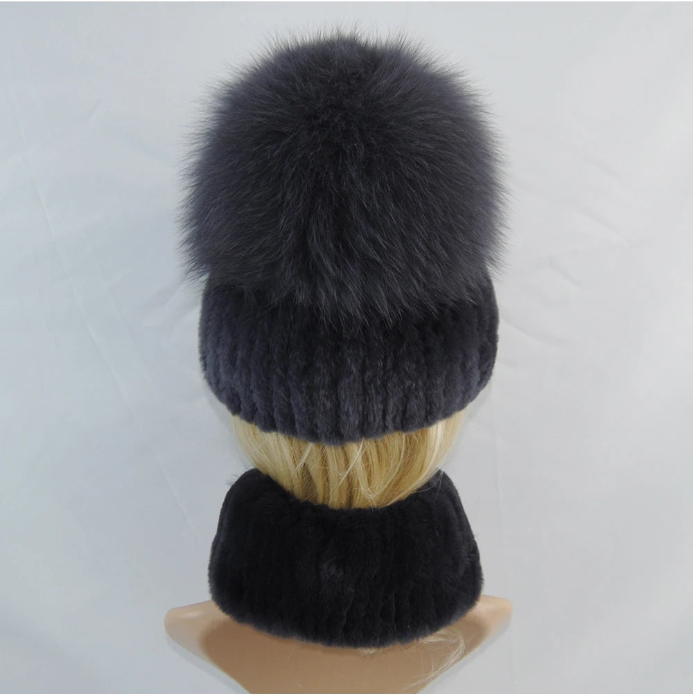 New Winter Lady Brand Hand Make Real Genuine Fox Fur Hat Scarf Girls Natural Real Rex Rabbit Fur Ring Cap Real Fur Scarves Hats