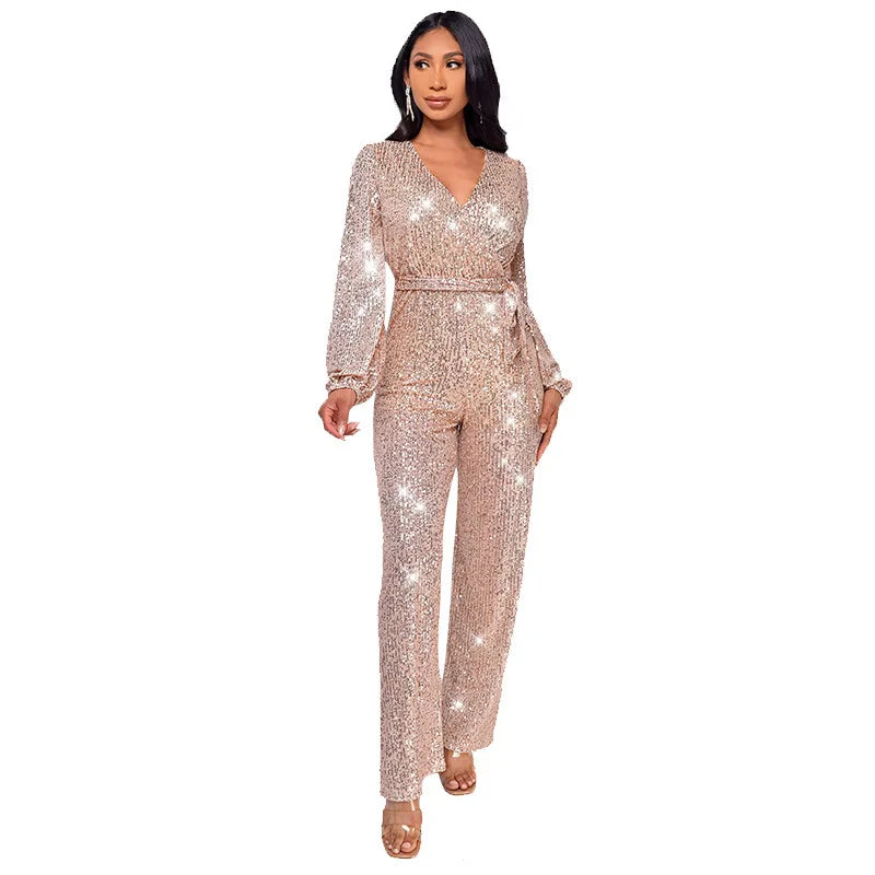 Uoozee Women's Deep V-Neck Sequins Club Jumpsuits Long Puff Sleeve Tie Waist Straight-leg Party Evening One Piece Outfits 2026
