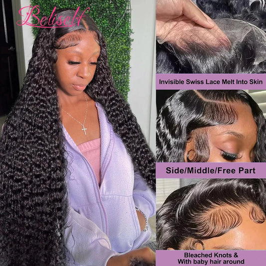 Water Wave 13x6 HD Lace Frontal Wig 250 Density Curly HD Lace Wig 13x6 Human Hair Pre Plucked Wet and Wavy Wigs Beliself