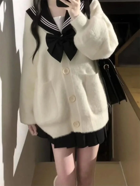 2025 New Japanese College Style Casual Loose Fitting Mink Fur Cardigan Jacket JK Trendy Skirt