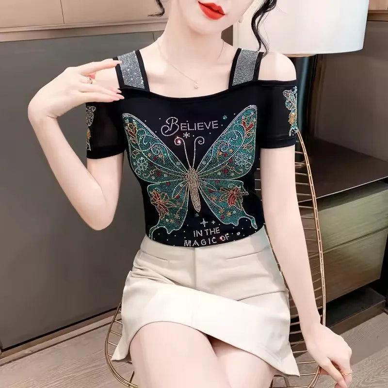 High Quality Elasticity Clothes Fashion T-Shirts Women's Sexy Off Shoulder Shiny Diamonds Mesh Tops Summer Tees Shirt