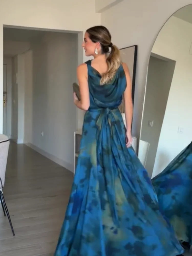 Women's Elegant Blue Watercolor Print Maxi Dress Sleeveless Cowl Neck Satin Formal Evening Gown A-line Floor Length Party Dress