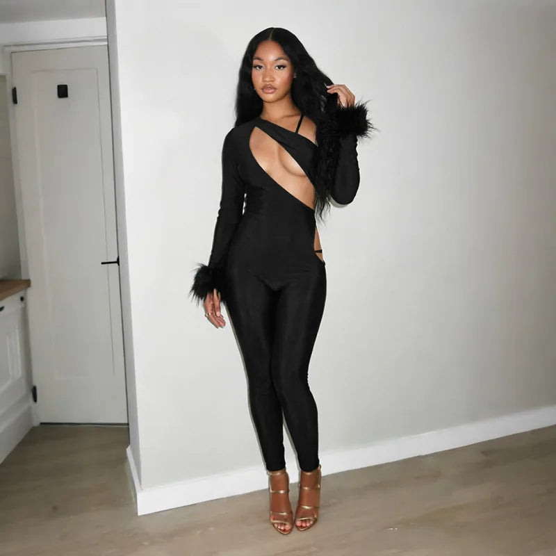 FAGADOER Women Sexy Cut Out Fur Patchwork Jumpsuit One Shoulder Long Sleeve Bodycon One Piece Club Party Night Out Outfit New