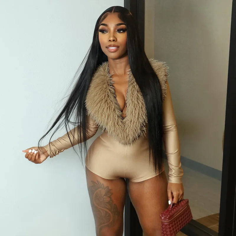 Women Full Sleeve Luxury Fur Deep V Collar Romper Sexy Skinny Fitness Activity Streetwear Hipster Workout Playsuit