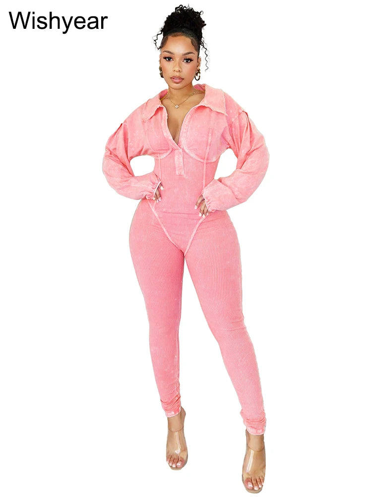 Elegant Autumn Pink Jumpsuits for Women Street Long Sleeve Lapel Bodycon Sexy Sporty Rompers Casual Skinny One Pieces Overall