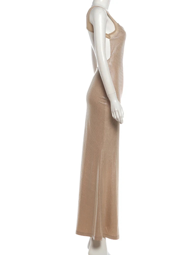 Nibber Low-Neck print Stretch Backless Sequin Dress Women Sexy Sleeveless Skinny Elegant Fashion Party chic Club Maxi Bodycon