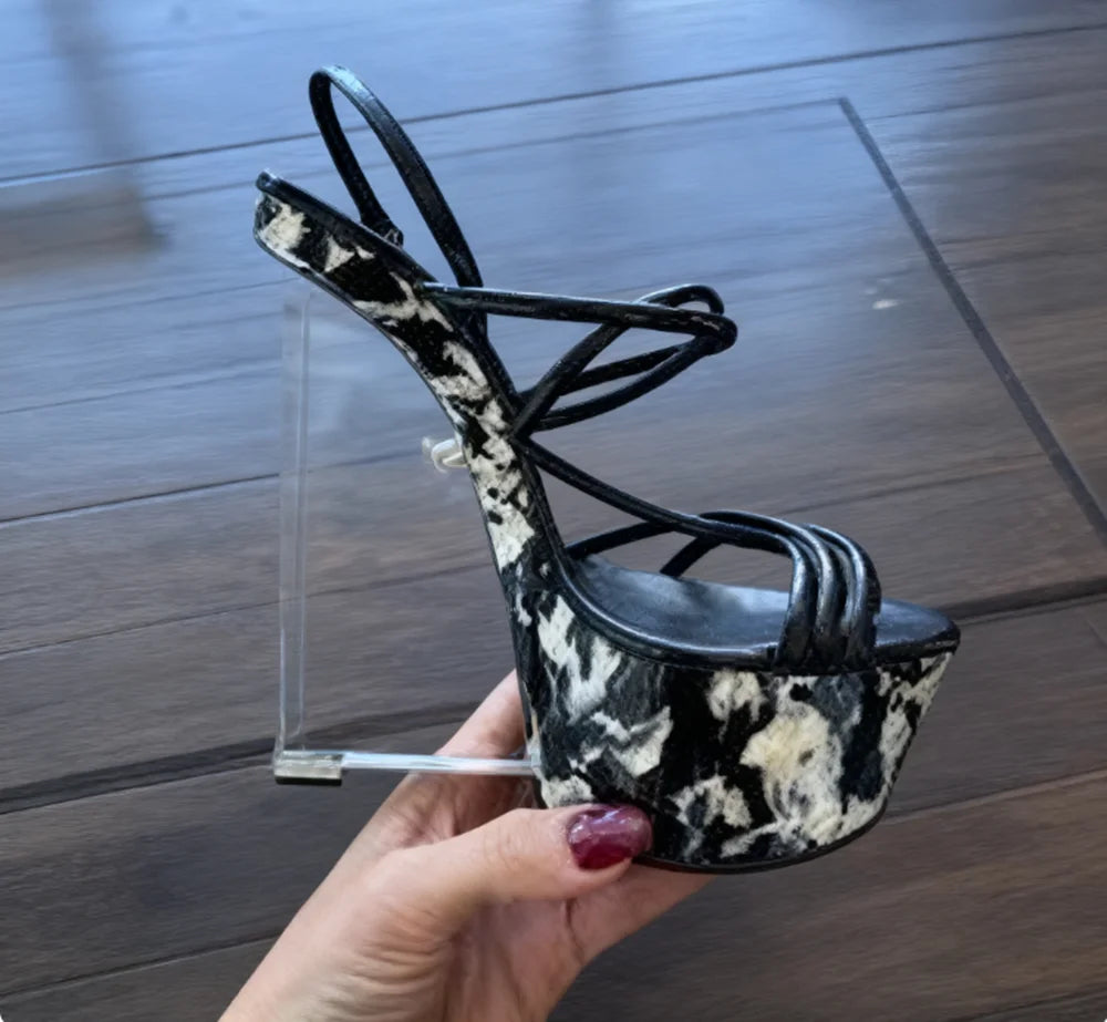Clear Sculptural Heel Multi-Strap Design High Heel For Woman Unique Black and White Floral Print Platform Slingback Sandals