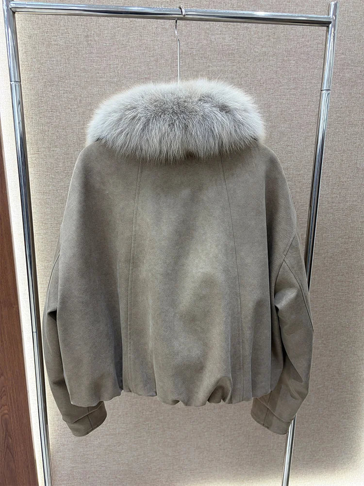 2026 New Winter Women Goose Down Jacket Natural Real Fox Fur Collar Coats Denim Puffer Jacket Outwear