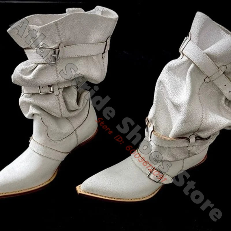 White Slouchy Cowboy Boots Pointed Toe Multi Buckle Strap Western Boots Vintage Stacked Block Heel Large Calf Fashion Party Boot
