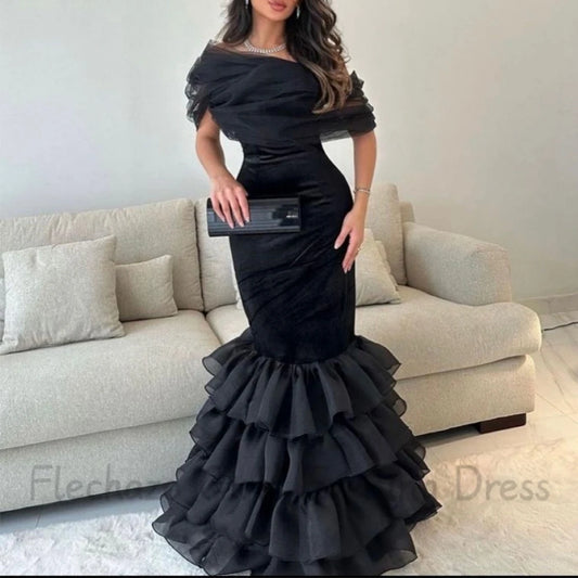 Flechazo Tulle Off the Shoulder Evening Dress with Pleat and Tiered Mermaid Floor Length Short Sleeve Party Customized Gown
