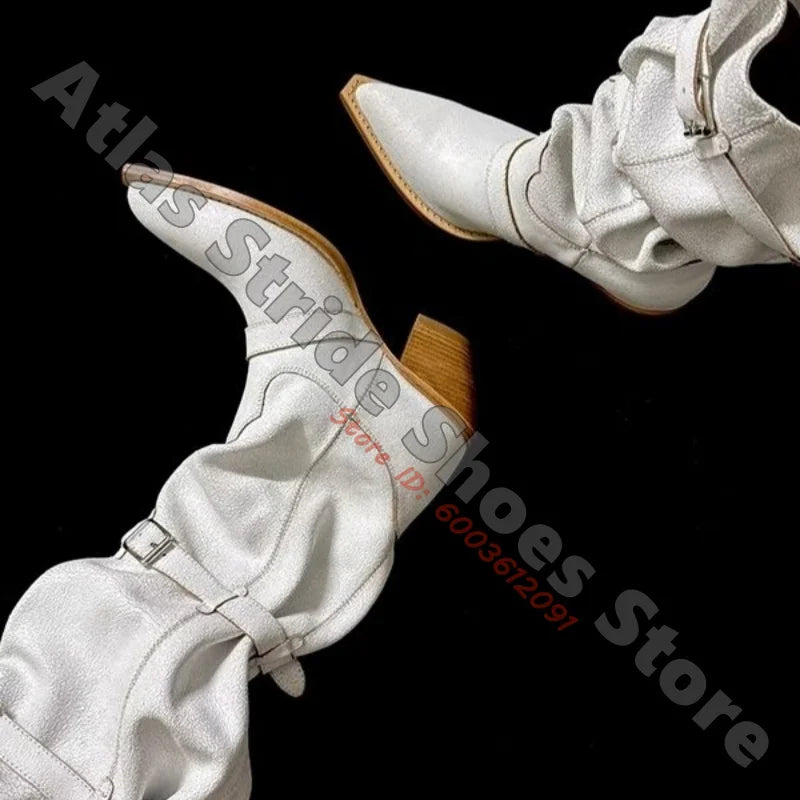 White Slouchy Cowboy Boots Pointed Toe Multi Buckle Strap Western Boots Vintage Stacked Block Heel Large Calf Fashion Party Boot