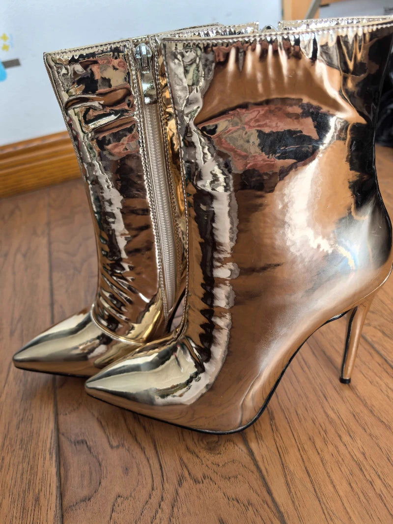 Design Ankle Boots Women Fashion Zipper Pointed High Heels Gold Silver Patent Leather Short Booties Shoes Catwalk Shoes