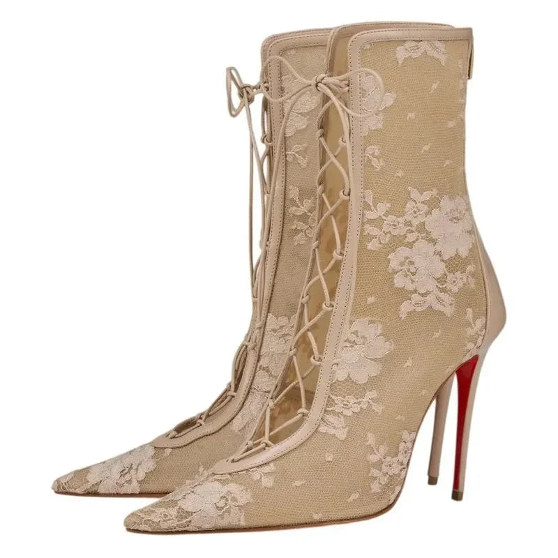 2026Spring and Summer Pointed Black Mesh Fine High Heels Knee Length Cool Boots Embroidered Lace Up Party Wedding Women's Boots